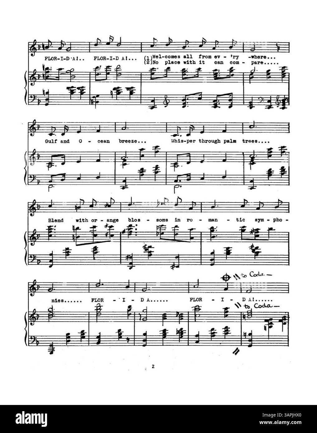 Cette composition musicale intitulée 'Florida' comprend une partition manuscrite avec des mots dactylographiés. La couleur de l'image numérique peut différer considérablement de l'original. Banque D'Images Cette composition musicale intitulée 'Florida' comprend une partition manuscrite avec des mots dactylographiés. La couleur de l'image numérique peut différer considérablement de l'original. Banque D'Images
