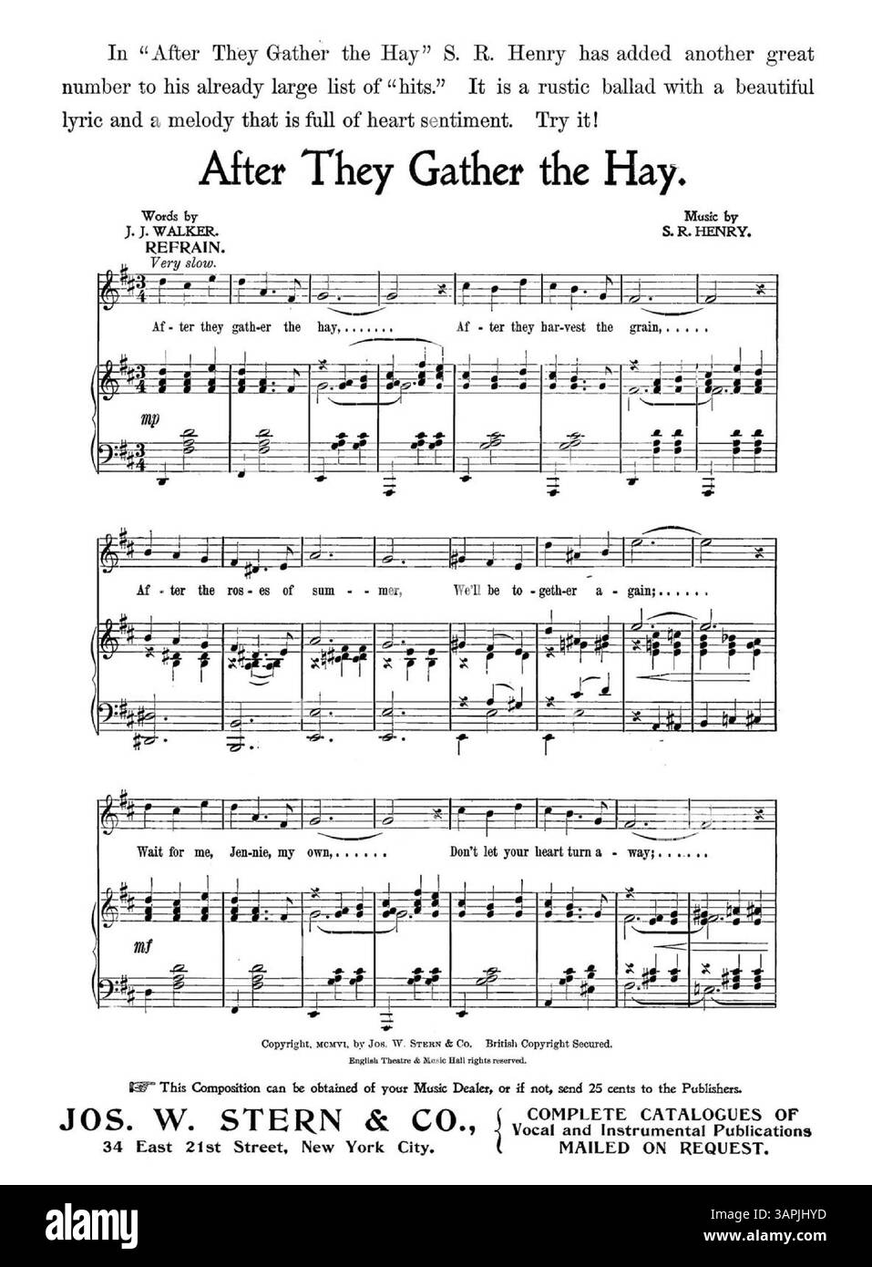 La couverture de la chanson 'By the light of the Honeymoon' comporte une bordure aux coins ornés. La chanson est décrite comme 'The Latest Broadway Craze' et a été chantée par Maud Lambert dans 'The Babes and the Baron', réalisé par John C. Fisher. La couverture arrière comprend un extrait de After They Gathering the Hay de S.R. Henry et J.J. Walker. Numéro de plaque : 4867. Banque D'Images