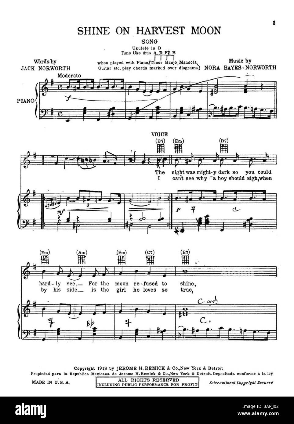 Shine on, Harvest Moon présente une couverture arrière avec un extrait musical d'une page entière de Auf Wiedersehn d'Abner Greenberg. La couverture semble être signée par Fred L. Olson à l'encre bleue. Banque D'Images