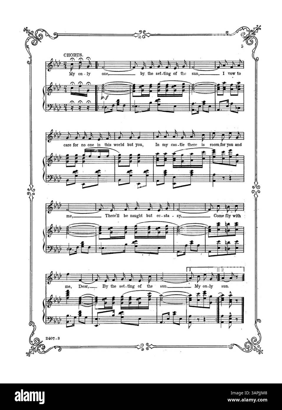 Une reprise musicale de « By the Setting of the Sun », mettant en vedette l'interprétation de Florence Gears chantée dans « Fluffy Ruffles ». Il comprend des extraits musicaux de 'l-O-V-E Spells trouble to me' de Joel P. Corin et Felix F. Feist, avec une couverture arrière montrant un extrait de 'Senora' de Jos. S. Nathan et Felix F. Feist. Banque D'Images