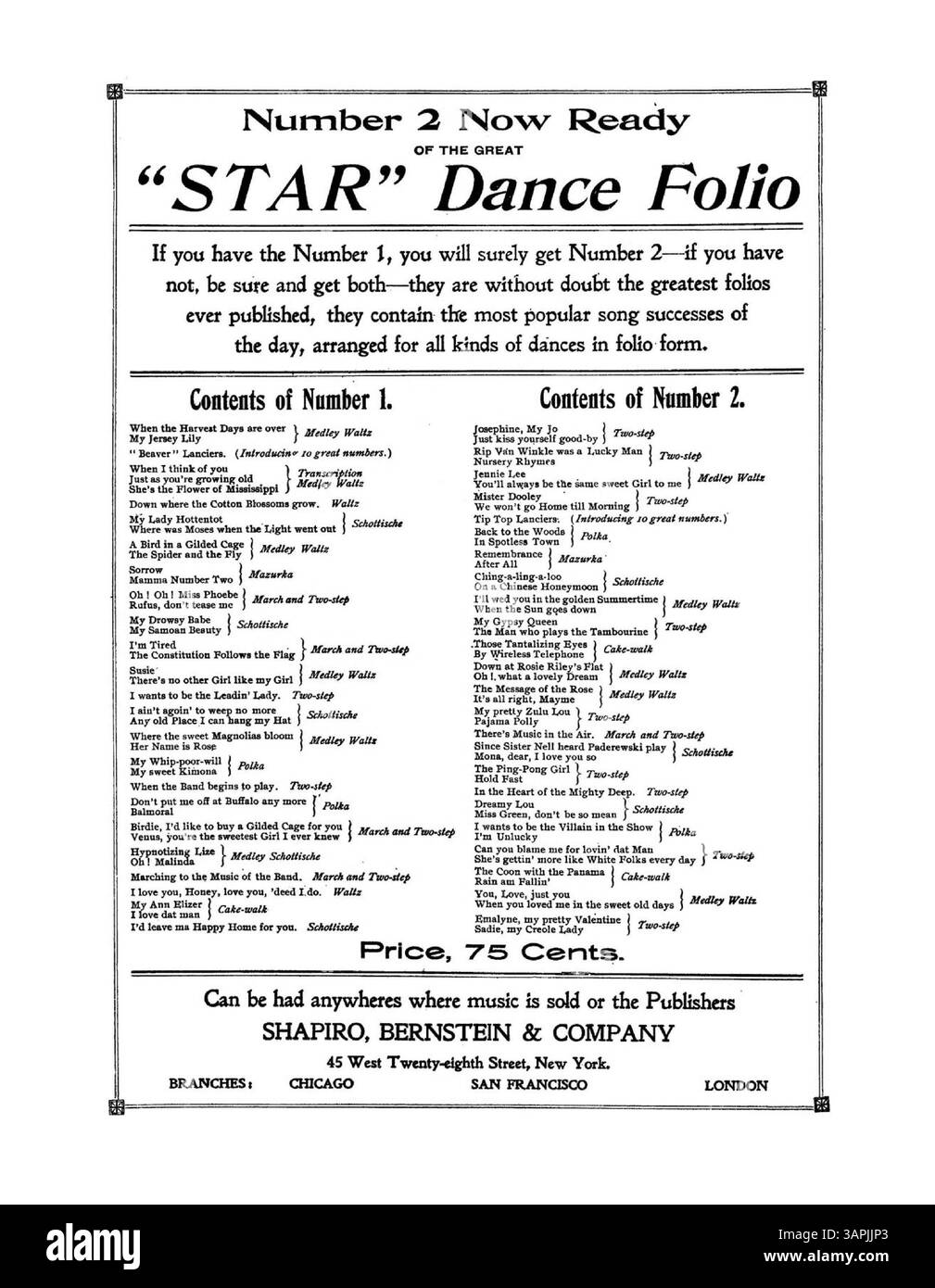 « Pearlie Pearlie » comprend une publicité pour le « Number 2 Star Dance Folio » sur la deuxième page et une publicité pour « Popular Folios » sur la couverture arrière. Cette œuvre est conservée dans la collection musicale des bibliothèques de l'Université de l'Oregon. Banque D'Images