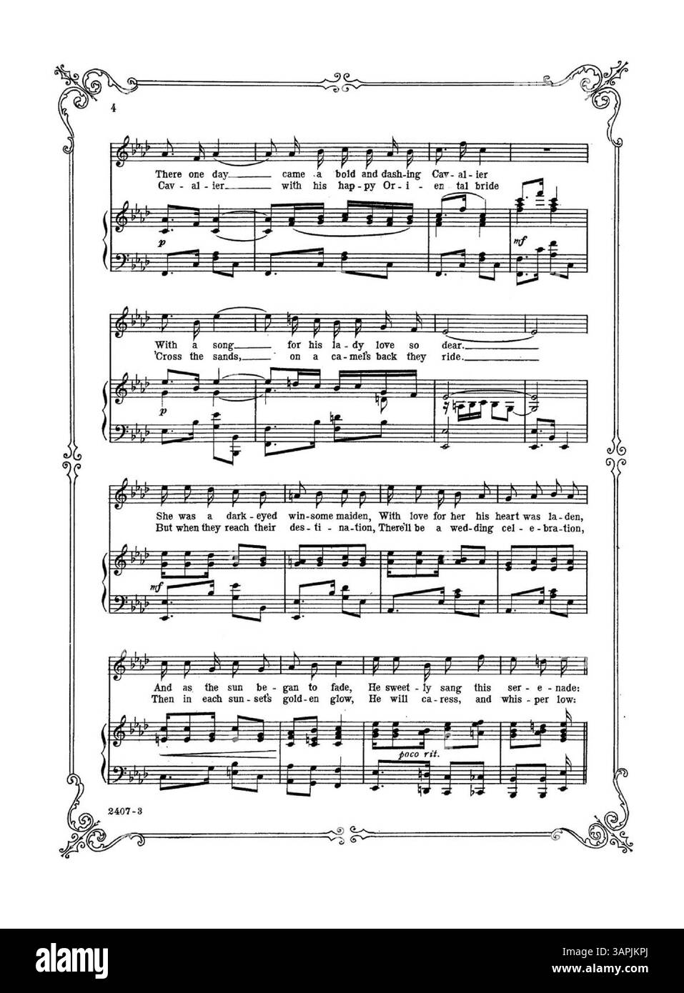 Une reprise musicale de « By the Setting of the Sun », mettant en vedette l'interprétation de Florence Gears chantée dans « Fluffy Ruffles ». Il comprend des extraits musicaux de 'l-O-Ve Spells trouble to me' de Joel P. Corin et Felix F. Feist, avec une couverture arrière montrant un extrait de 'Senora' de Jos. S. Nathan et Felix F. Feist. Banque D'Images