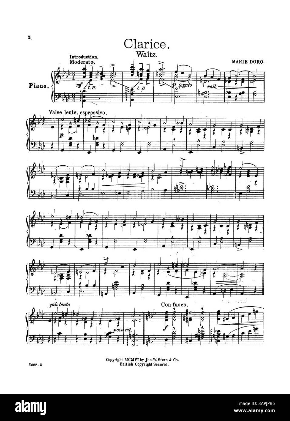 La couverture de Clarice Waltzes a été introduite à chaque représentation de la pièce Clarice dirigée par William Gillette. Il présente une musique écrite et introduite par Marie Doro, la compositrice de 'Say ! Fay !'. Numéro de plaque 5228, avec une publicité au dos pour 'Two Beautiful Ballads' mettant en vedette 'Give me Thy Heart Love' et 'The Garden of Dreams'. Banque D'Images
