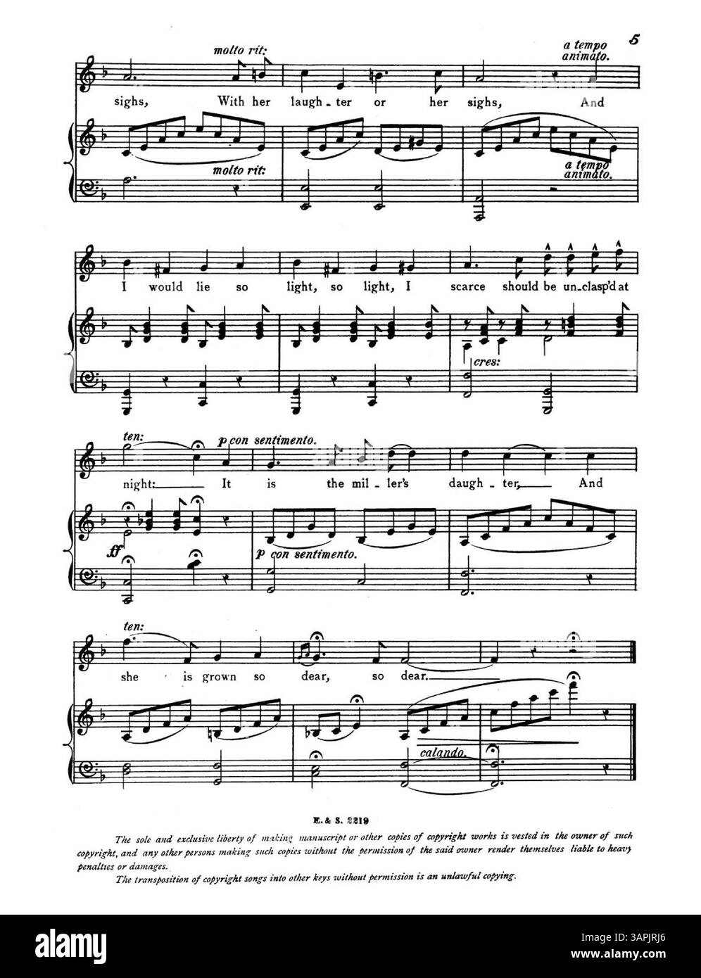 La partition de The Miller's Daughter, chantée par M.R. Charles Chilley, avec des paroles de Lord Tennyson et une musique d'Ellen Wright. La couverture présente des publicités pour de nouvelles chansons et publications, avec des extraits musicaux à l'intérieur. Numéro de plaque : E.&S. 2219. Version 2 en F. la représentation des couleurs dans l'image numérique peut différer de l'original. Banque D'Images