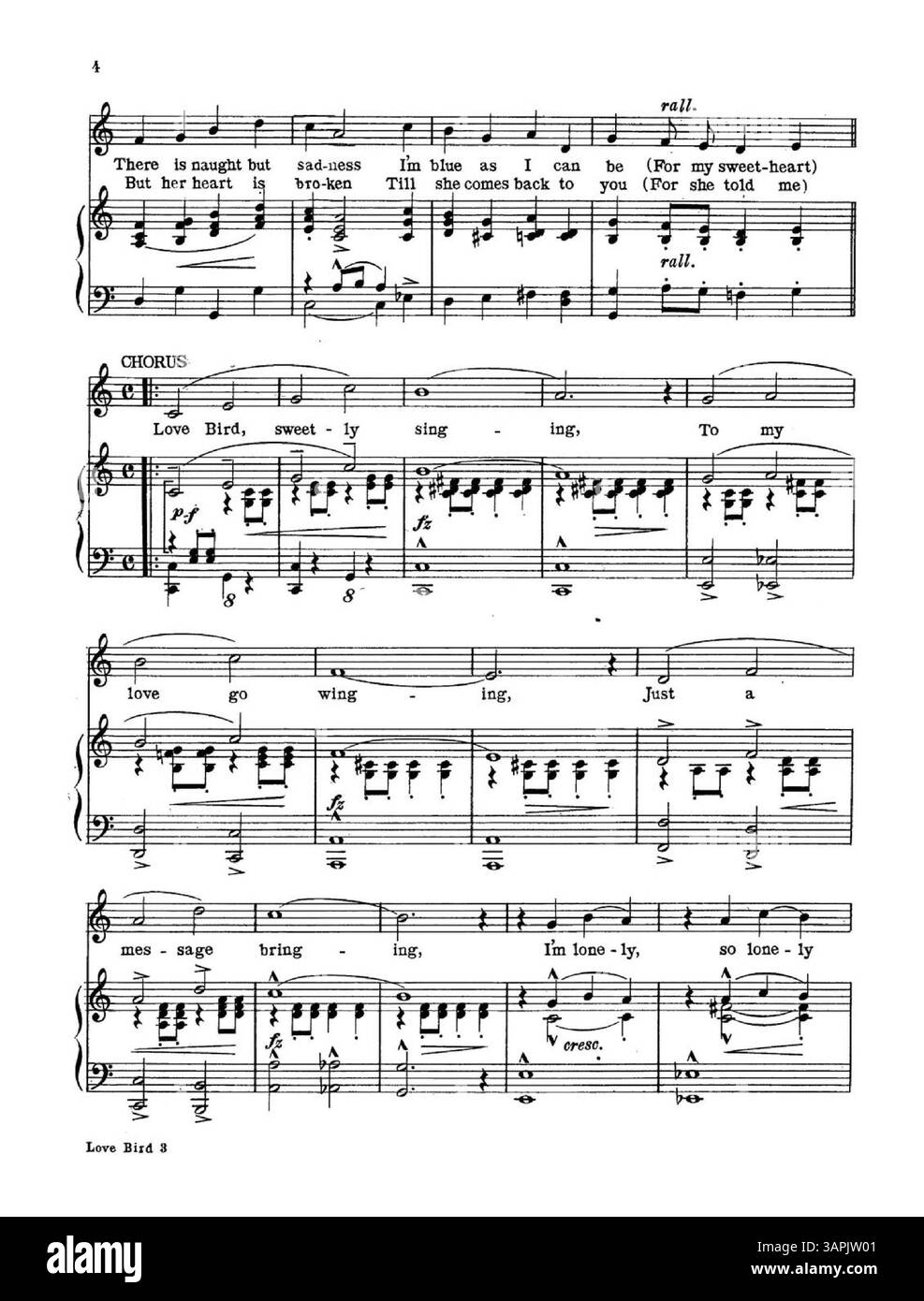 Cette partition musicale pour Love Bird comprend un extrait de la chanson Caresses, entourée d'une bordure florale décorative. La couverture arrière contient une publicité pour Broadway's musical Comedy Song and Dance Successes du Gem Dance Folio for 1921. Banque D'Images