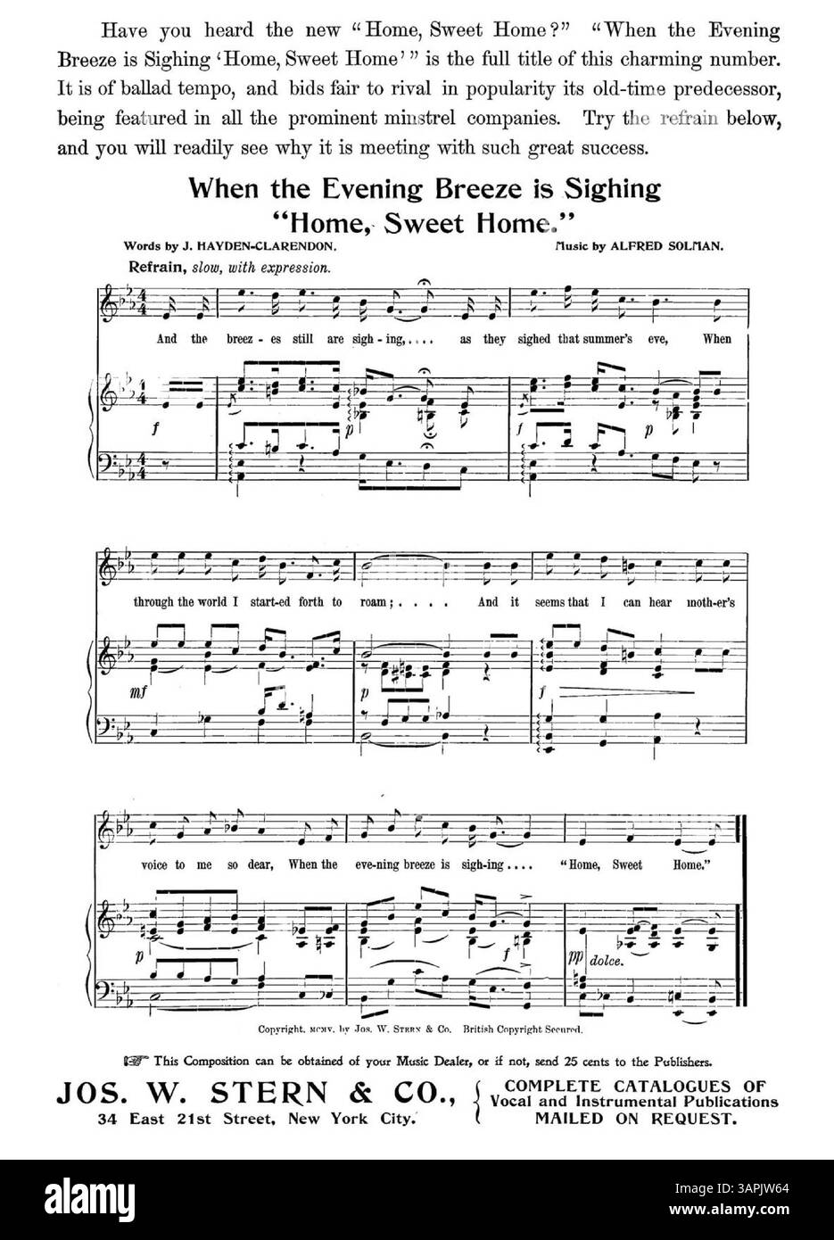 Une pochette de partition vintage pour Old Man Manhattan, introduite par Chas. J. Ross dans la comédie musicale 'The social Whirl'. Il présente une bordure à double ligne avec des coins décoratifs, avec un extrait musical de "When the Evening Breeze is Sighing Home Sweet Home" au dos. Numéro de plaque : 4987. Banque D'Images