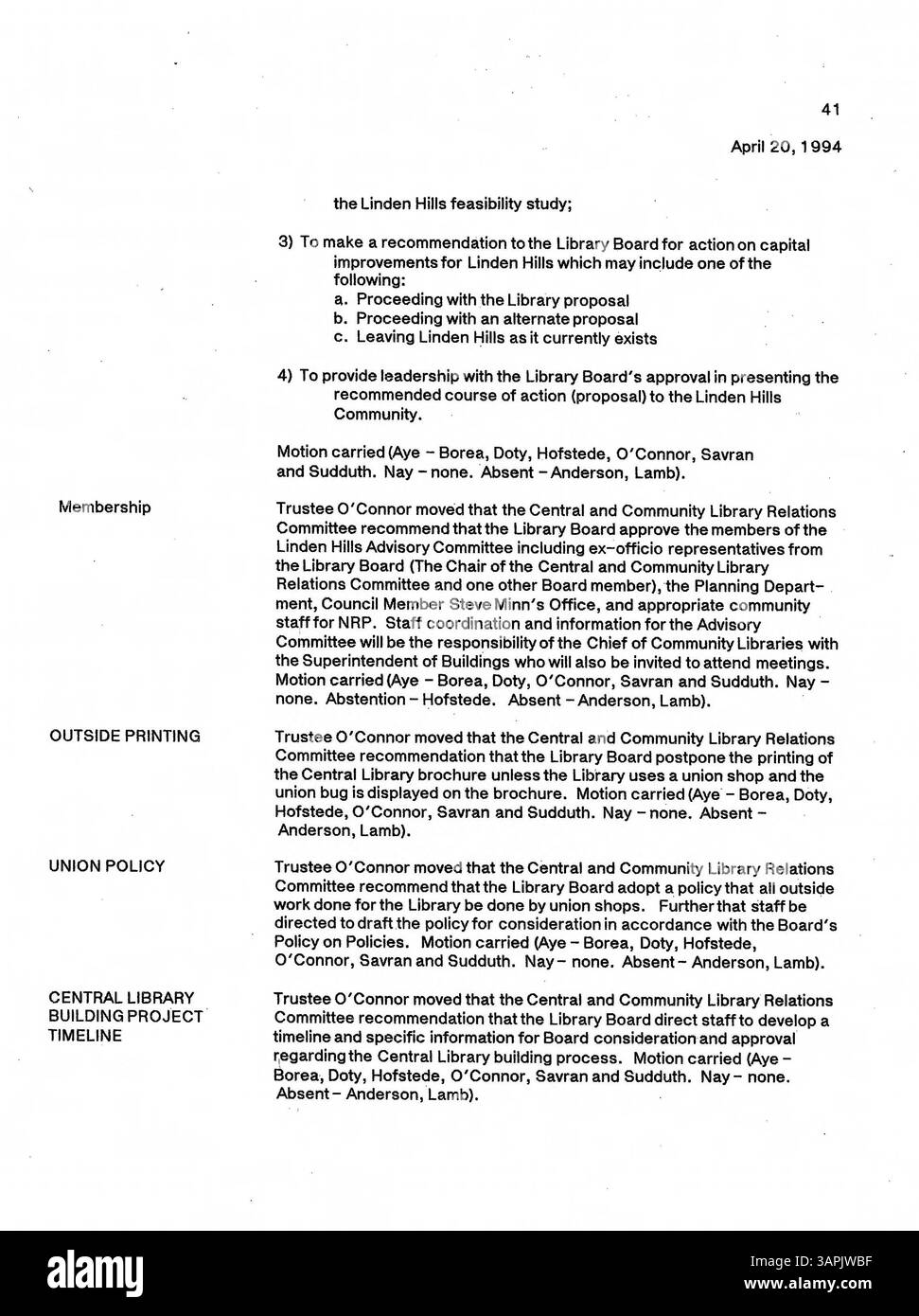 Ces 1994 procès-verbaux de réunion du conseil d'administration de la Bibliothèque publique de Minneapolis documentent les actions, les discussions et les décisions sur la gouvernance et les opérations de la bibliothèque pour cette année-là. Banque D'Images