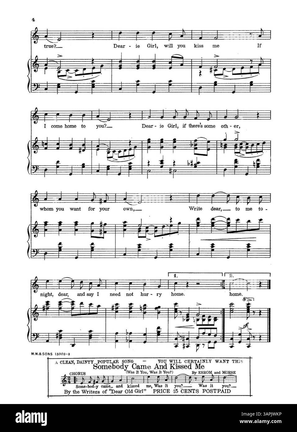 Dearie Girl, Do You Miss me contient des extraits musicaux de chansons comme Good Night, Sweet Kentucky Lady et Somebody came and Kissed me. La page comprend des publicités pour des chansons populaires, présentant des extraits musicaux. Banque D'Images