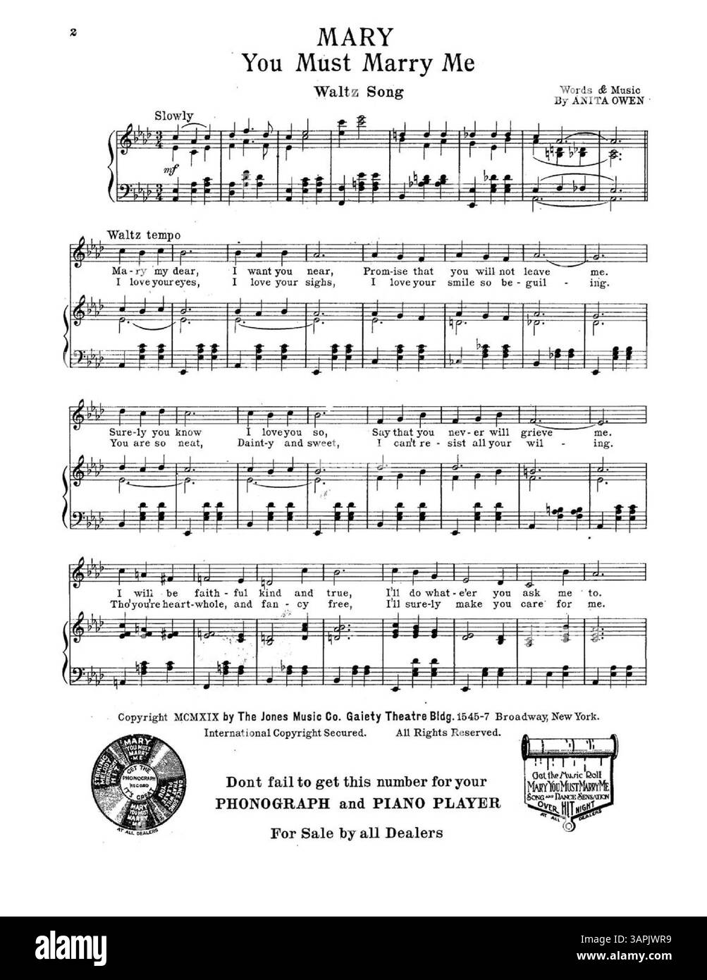 Mary You Must Marry me comprend une publicité bleue et blanche sur la couverture arrière des chansons de danse de Jones Music Co., ainsi que des publicités imprimées pour une version phonographique de la chanson et un panneau artistique d'Anita Owen. Banque D'Images
