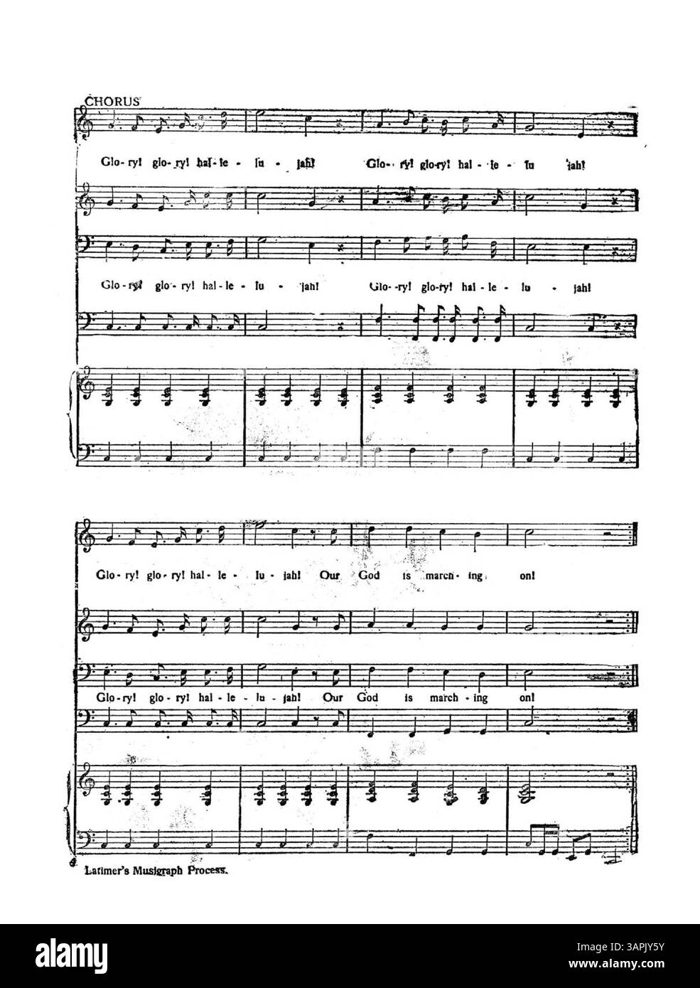 Le 'hymne de bataille de la République' est répertorié comme supplément au Sunday examiner, daté du 1er mai 1898. La première page présente le titre de la chanson entouré de petits dessins d'étoiles, tandis que la deuxième page comprend un croquis d'une épée et du soleil. Cette pièce historique reflète des thèmes patriotiques de la fin du XIXe siècle. Banque D'Images