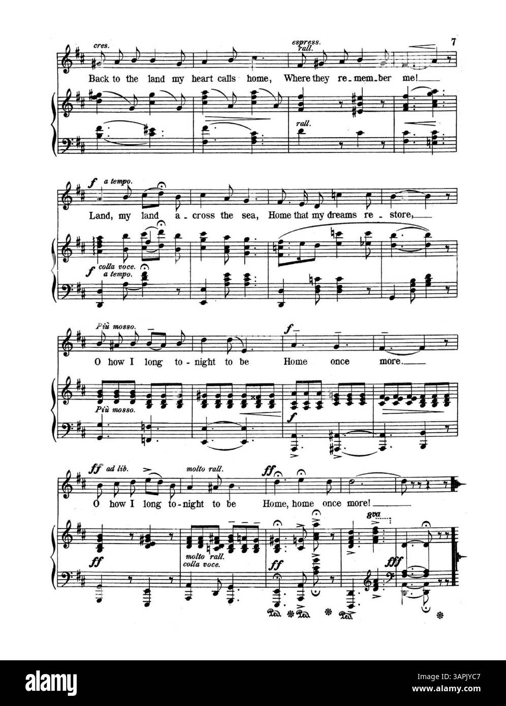 La partition musicale de Land Across the Sea comprend des paroles de Clifton Bingham et de la musique de D'Auvergne Barnard. Il est en ré majeur, avec la couverture arrière avec un extrait de Love constant d'Owen Meredith et Albert Mallinson. Cette chanson fait partie d'une série qui suit des œuvres comme Bid me to Love et Plains of Peace. Banque D'Images