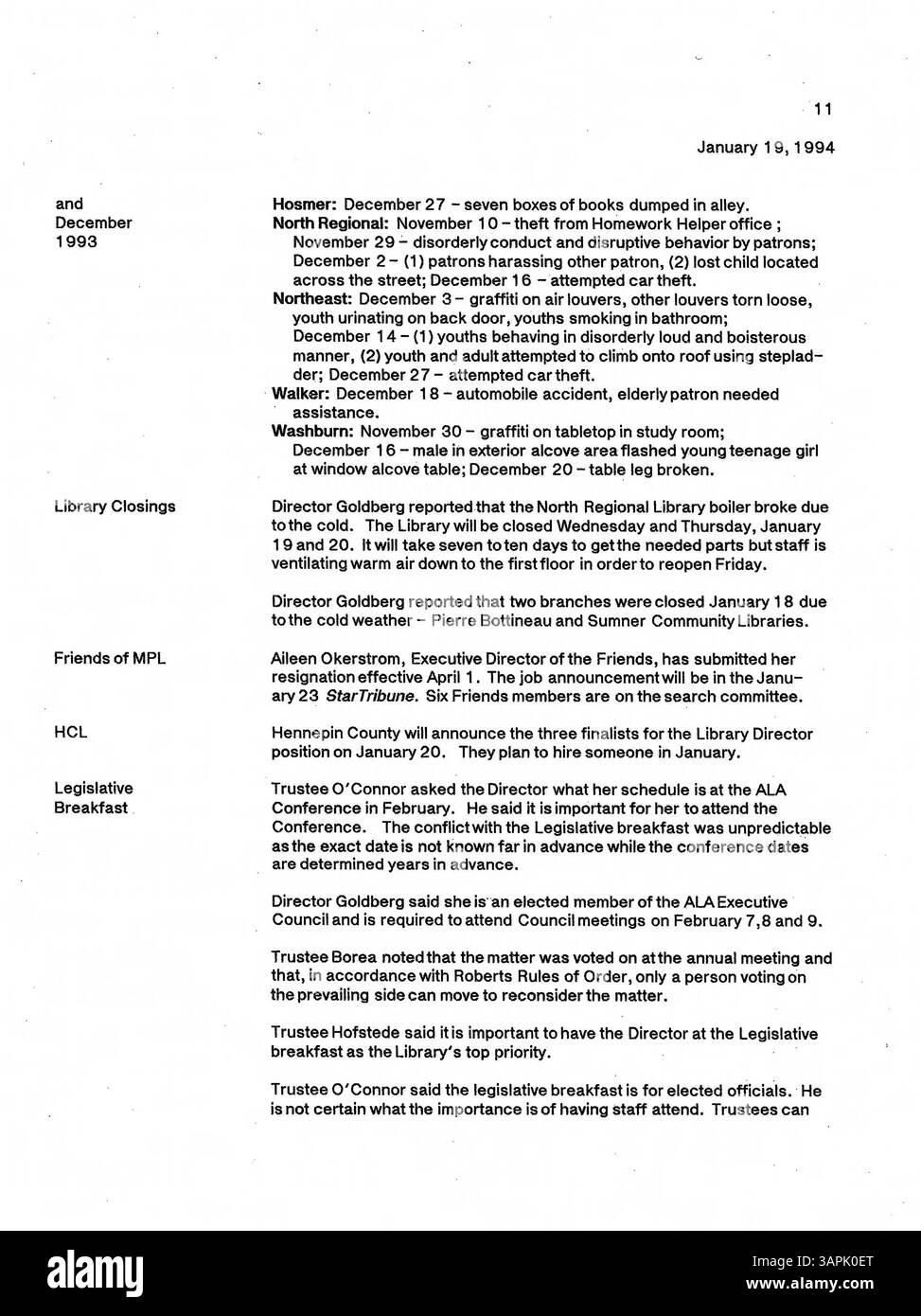 Ces 1994 procès-verbaux de réunion du conseil d'administration de la Bibliothèque publique de Minneapolis documentent les actions, les discussions et les décisions du conseil sur la gouvernance et les opérations de la bibliothèque pour l'année. Banque D'Images