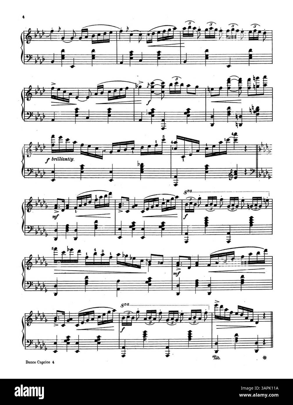 La composition pour piano 'Dance Caprice, Op. 58' de Mrs. A.M. Virgil est présenté dans 'nouvelles compositions pour piano.' La couverture arrière comprend des détails de son école de piano et de sa méthode. Des différences de couleur peuvent être présentes dans l'image numérique. Banque D'Images