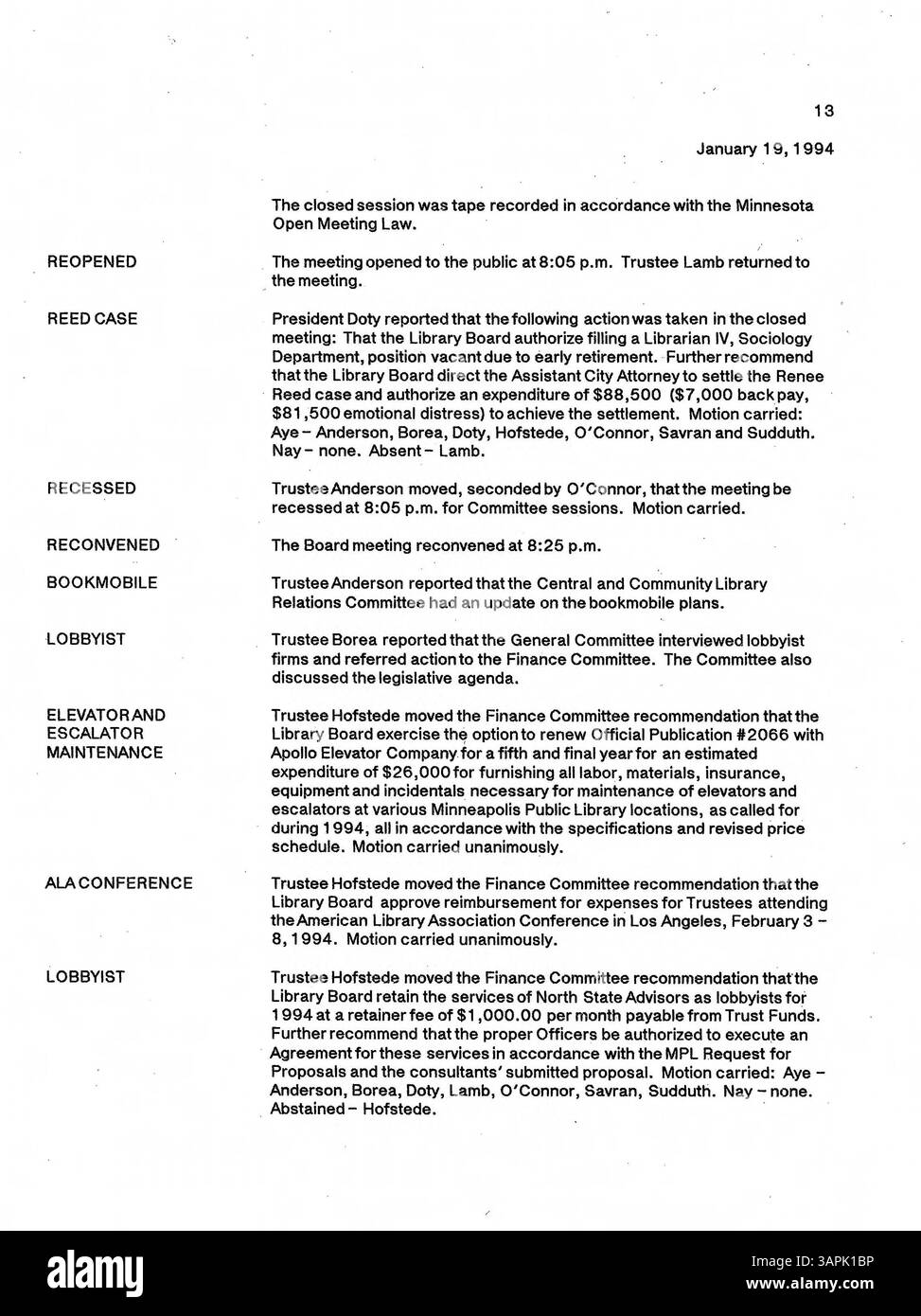 Les procès-verbaux du conseil d'administration de la Bibliothèque publique de Minneapolis en 1994 fournissent un compte rendu détaillé des mesures de gouvernance, des décisions et des activités de service public du conseil au cours de l'année. Banque D'Images
