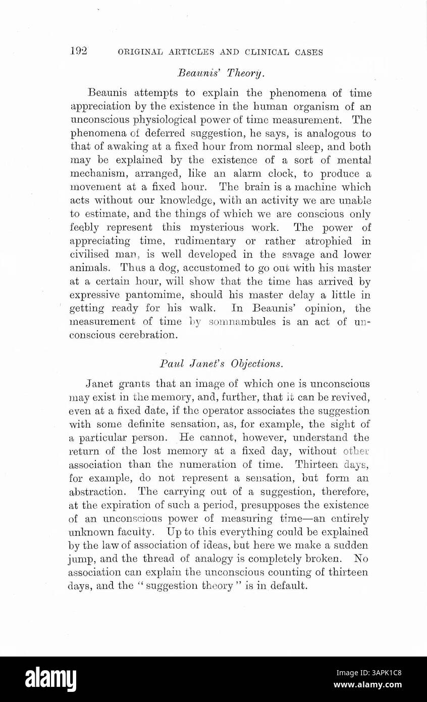 Dr Bramwell a mené des expériences d'hypnotisme sur plusieurs patients, suggérant des tâches à effectuer à un moment précis, montrant une perception inconsciente du temps. Banque D'Images