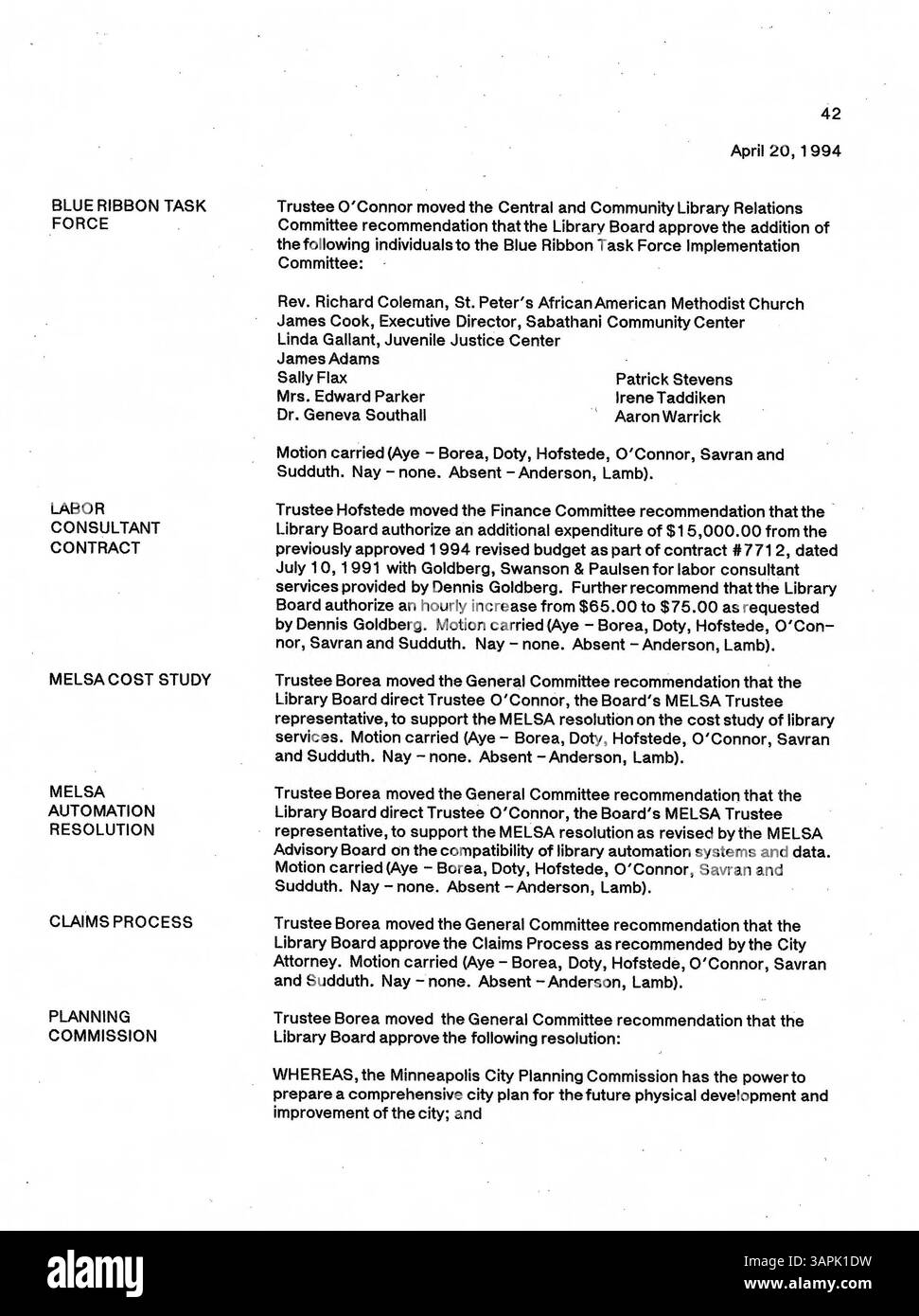 Le procès-verbal de la réunion de 1994 du conseil d'administration de la Bibliothèque publique de Minneapolis documente les discussions et les décisions clés concernant la gouvernance des bibliothèques et la fonction publique pour cette année-là. Banque D'Images