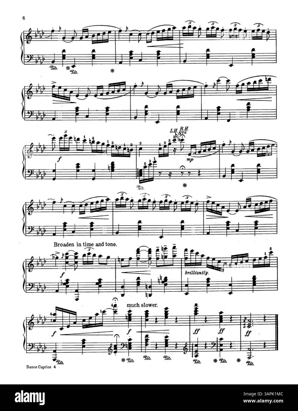 'Dance Caprice, Op. 58' de Mrs. A.M. Virgil est présenté comme une nouvelle composition pour piano. La couverture arrière annonce l'école de piano Virgil et sa méthode, avec des différences de couleur possibles dans l'image numérique. Banque D'Images