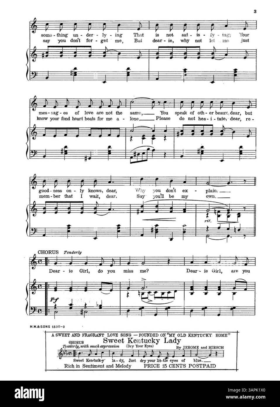 Dearie Girl, Do You Miss me contient des extraits musicaux de chansons comme Good Night, Sweet Kentucky Lady et Somebody came and Kissed me. La page comprend des publicités pour des chansons populaires, présentant des extraits musicaux. Banque D'Images