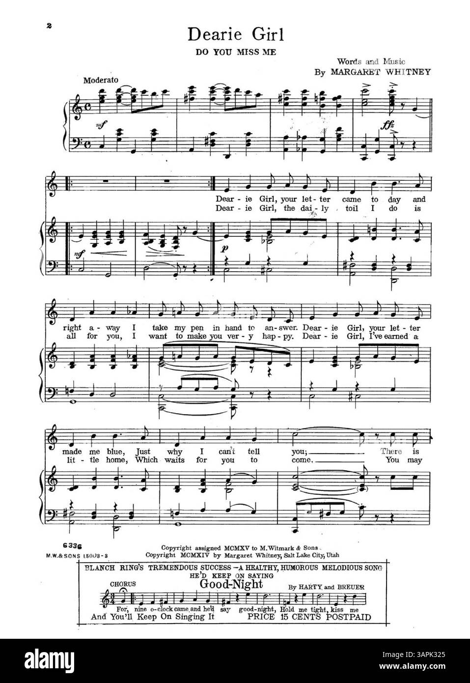 Dearie Girl, Do You Miss me contient des extraits musicaux de chansons comme Good Night, Sweet Kentucky Lady et Somebody came and Kissed me. La page comprend des publicités pour des chansons populaires, présentant des extraits musicaux. Banque D'Images