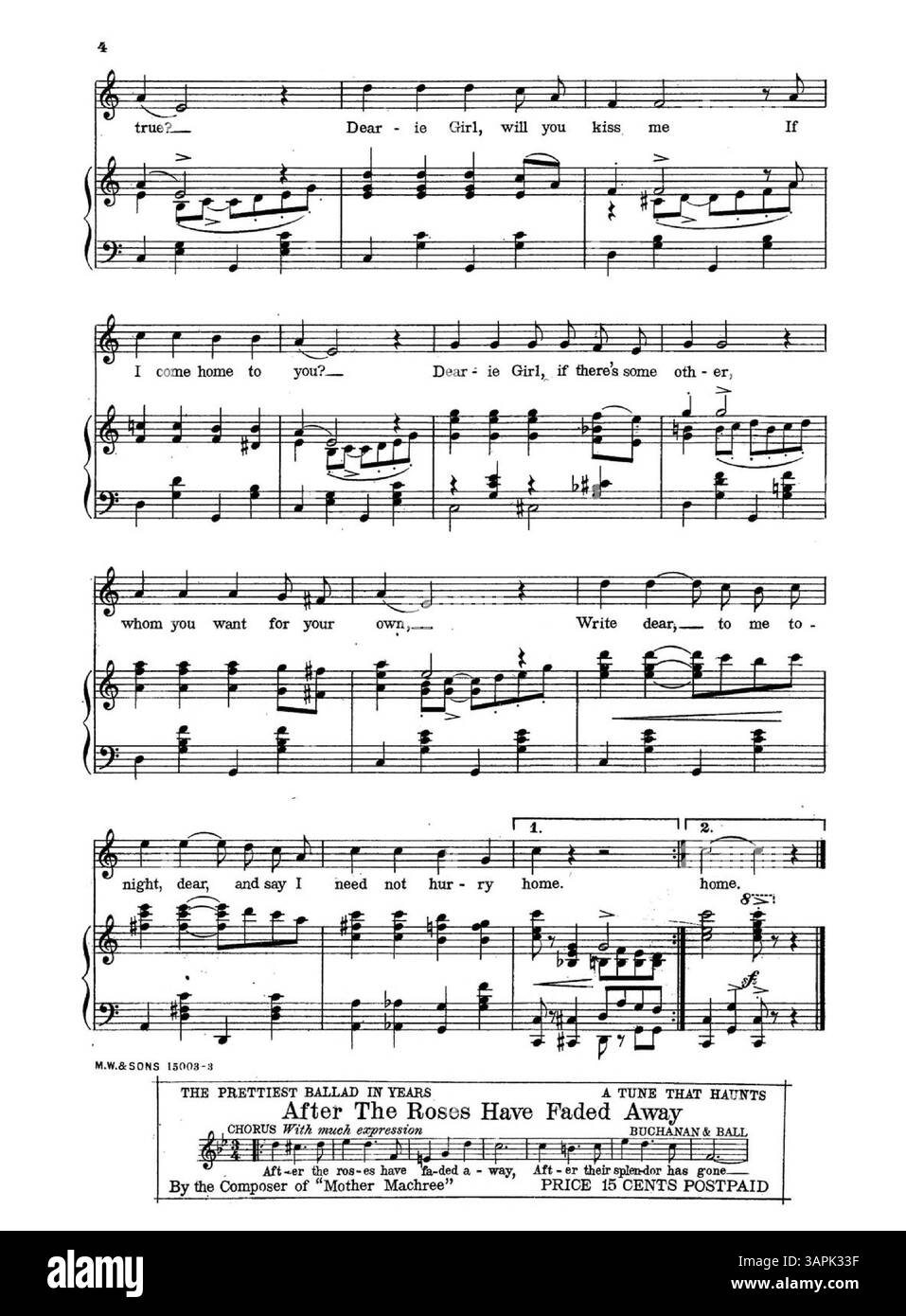 Cette publication musicale comprend des extraits de quatre chansons : 'She's the Daughter of Mother Machree', 'The Little Grey Mother', 'After the Roses Have Faded Away' et 'There's A long, long Trail'. La quatrième de couverture fait la promotion de « Beautiful Irish Ballads », mettant en vedette des samples musicaux. Numéro de plaque 1500. Banque D'Images