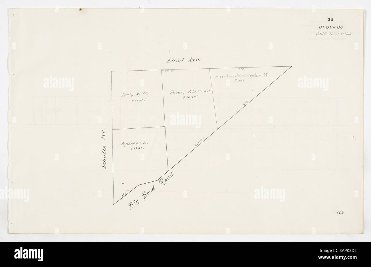 The Block Book of the County of préparLouis, volume 6, Books 30-37, page 143, détaille la propriété foncière, limites, et planification urbaine pour la région au cours de la période, en mettant l'accent sur le développement de la ville. Banque D'Images