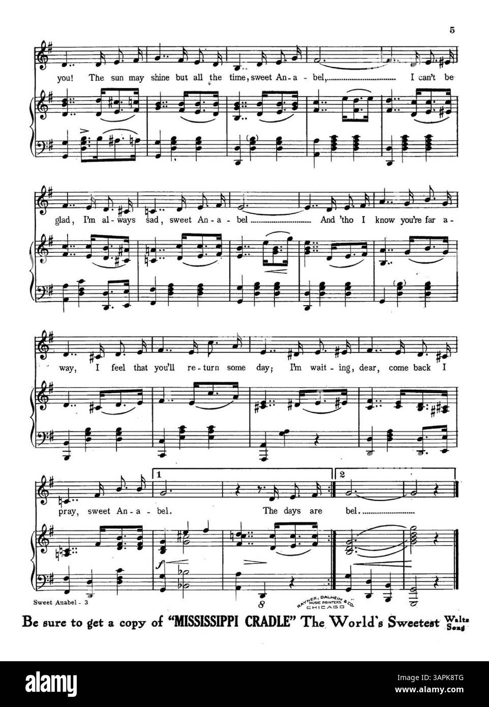 La partition musicale de Sweet Anabel comprend des extraits de Fuzzy Wuzzy Bird et des publicités pour Out Where the West Begins et Mississippi Cradle. Des extraits supplémentaires de diverses chansons publiées par Forster Music Publisher apparaissent dans les dernières pages. Banque D'Images