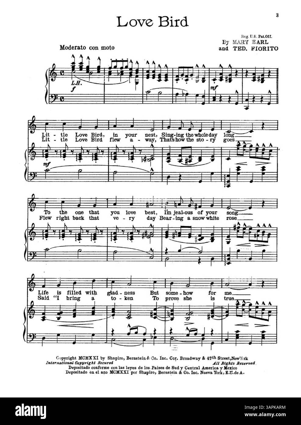 Cette partition musicale pour Love Bird comprend un extrait musical de Caresses, entouré d'une bordure florale décorative. La couverture arrière annonce 'Broadway's musical Comedy Song and Dance Successes' du 'Gem Dance Folio for 1921'. Banque D'Images