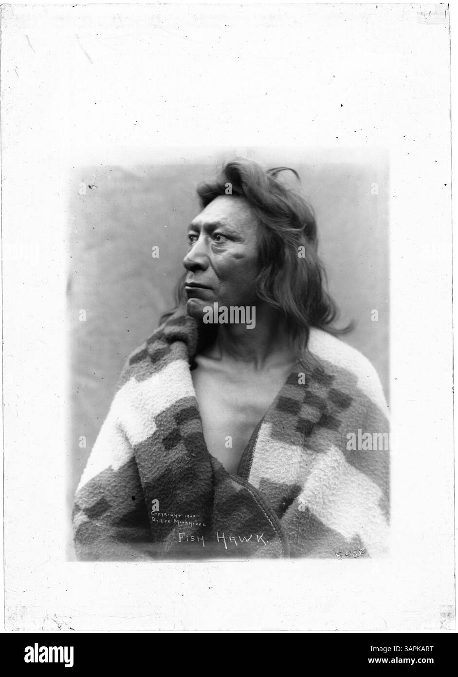 Cette photographie de Lee Moorhouse capture le chef Fish Hawk, un homme tribal Cayuse, offrant un portrait d'un leader amérindien. Banque D'Images