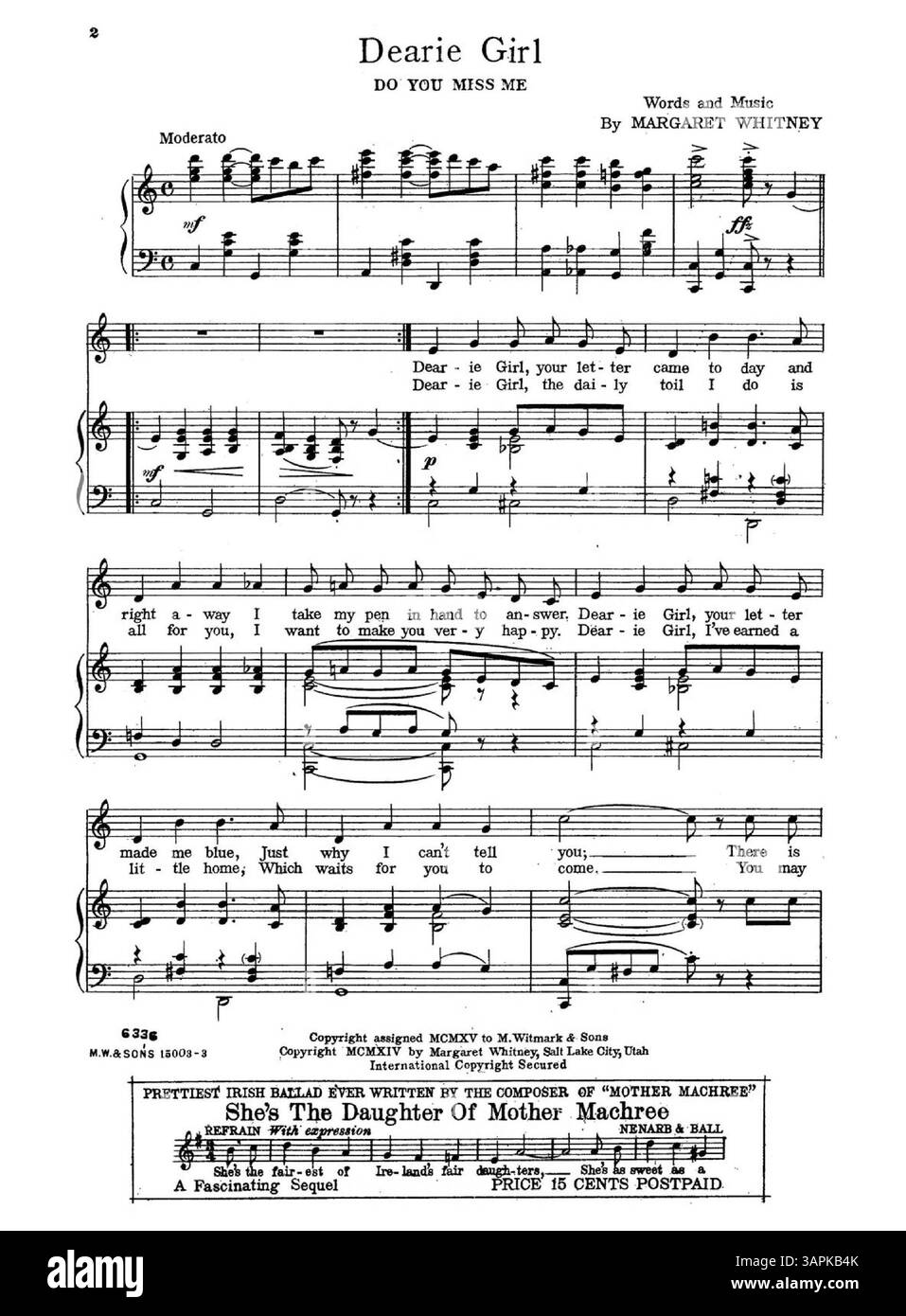Cette partition inclut la chanson 'Dearie Girl, Do You Miss me ?' avec des extraits musicaux de chansons supplémentaires du compositeur. La couverture arrière comporte une publicité pour "Beautiful Irish Ballads" avec des extraits de quatre chansons différentes. Des extraits musicaux de chansons comme 'She's the Daughter of Mother Machree' et 'After the Roses Have Faded Away' sont inclus aux pages 2-5. Le numéro de plaque est 1500. Banque D'Images