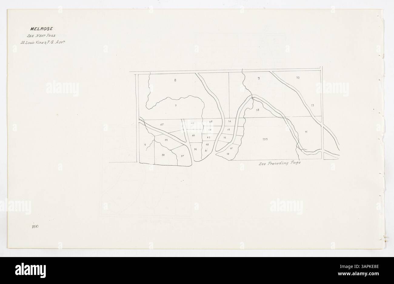 Page 100 du livre bloc du comté de Saint Louis, volume 6, livres 25 et 26, documentant la propriété foncière et les limites des propriétés dans la région. Banque D'Images