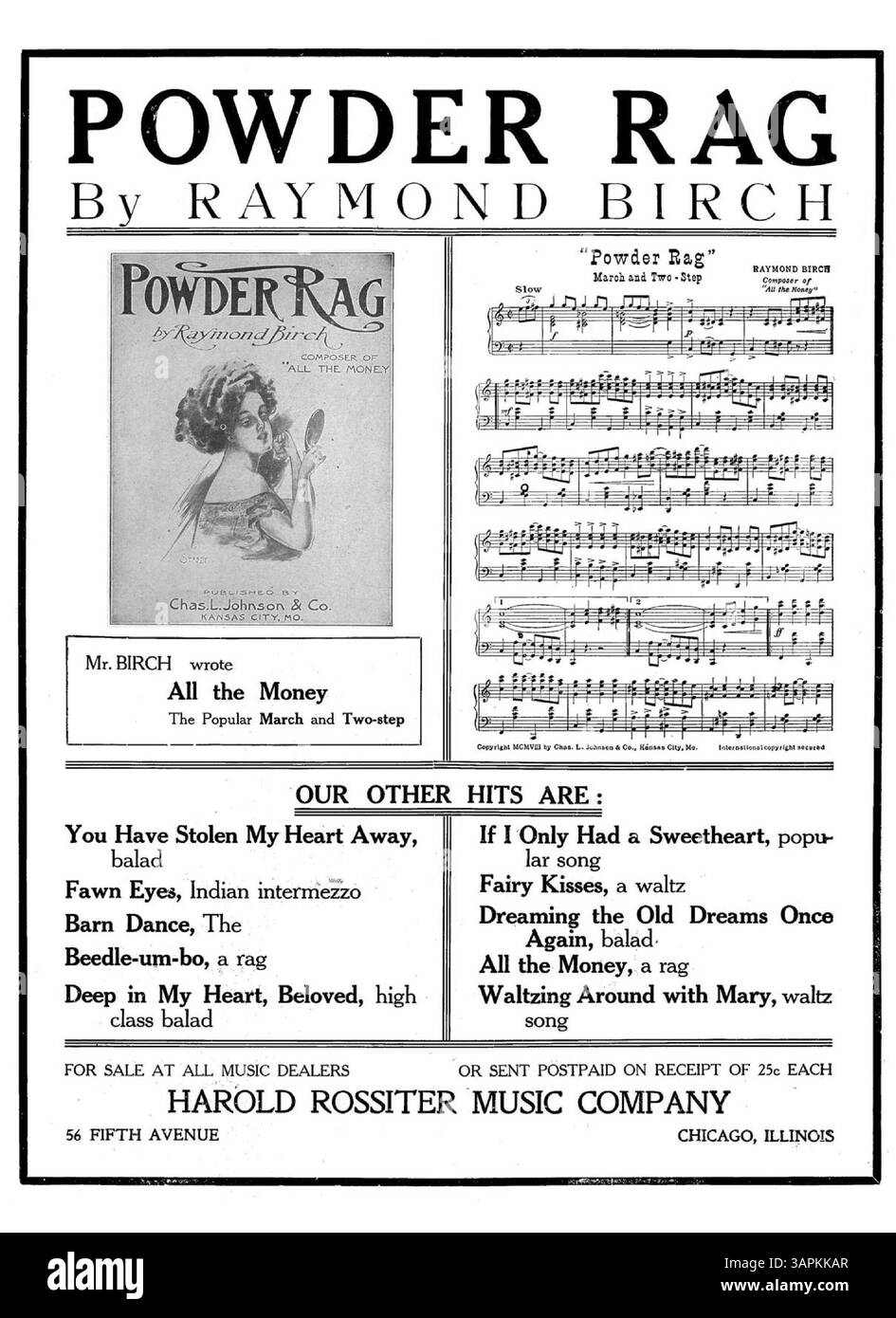 Live Wires propose des publicités pour des œuvres musicales, notamment Powder Rag et Fairy Kisses, publiées par Harold Rossiter Music Company. La couverture de la chanson crédite Adeline Shepherd, la compositrice de Pickles and Peppers. Les couvertures avant et arrière présentent des extraits musicaux et des publicités pour d'autres chansons. Banque D'Images
