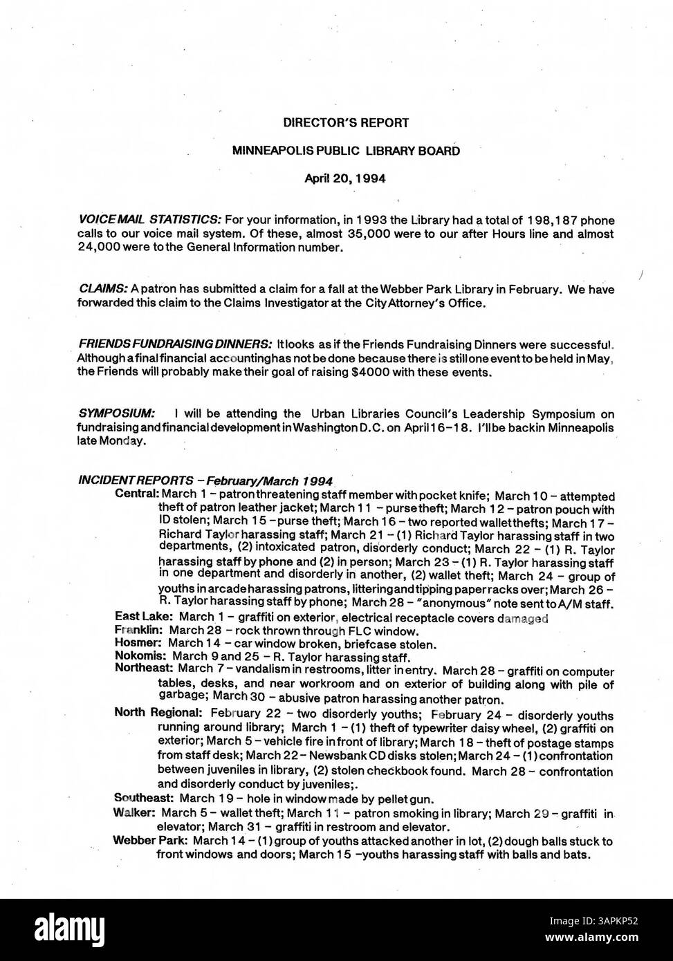 Les 1994 minutes du conseil d'administration de la Bibliothèque publique de Minneapolis documentent les décisions et les discussions sur le fonctionnement, la gouvernance et la fonction publique de la bibliothèque pour l'année. Banque D'Images