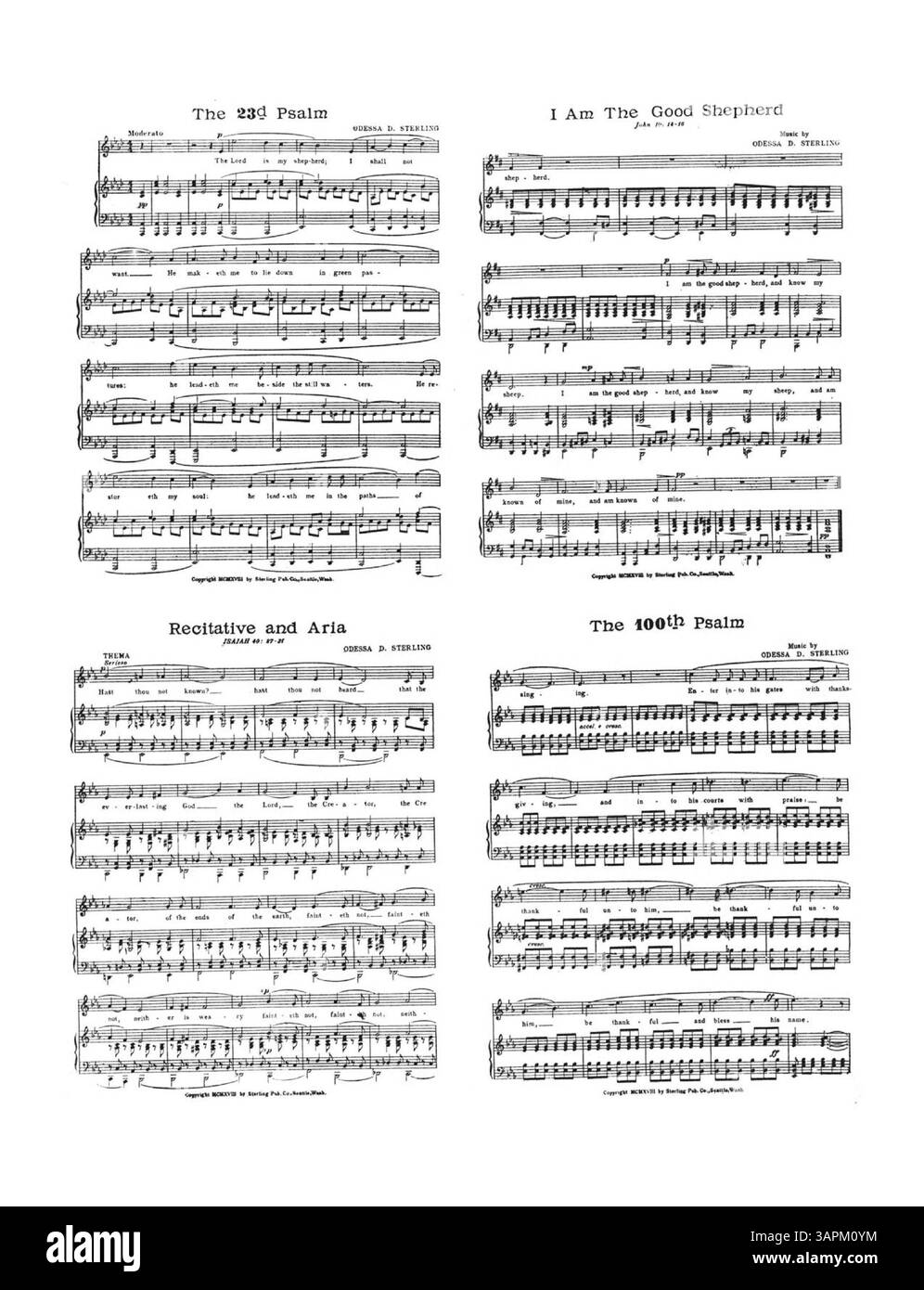 La partition du 121st Psaum comprend des œuvres sacrées supplémentaires de Sterling sur sa couverture arrière, y compris le 23rd Psaum, I Am the Good Shepherd et le 100th Psaum. Ces compositions font partie de la tradition de la musique chorale sacrée du début du XXe siècle, axée sur des thèmes spirituels et des hymnes. Banque D'Images
