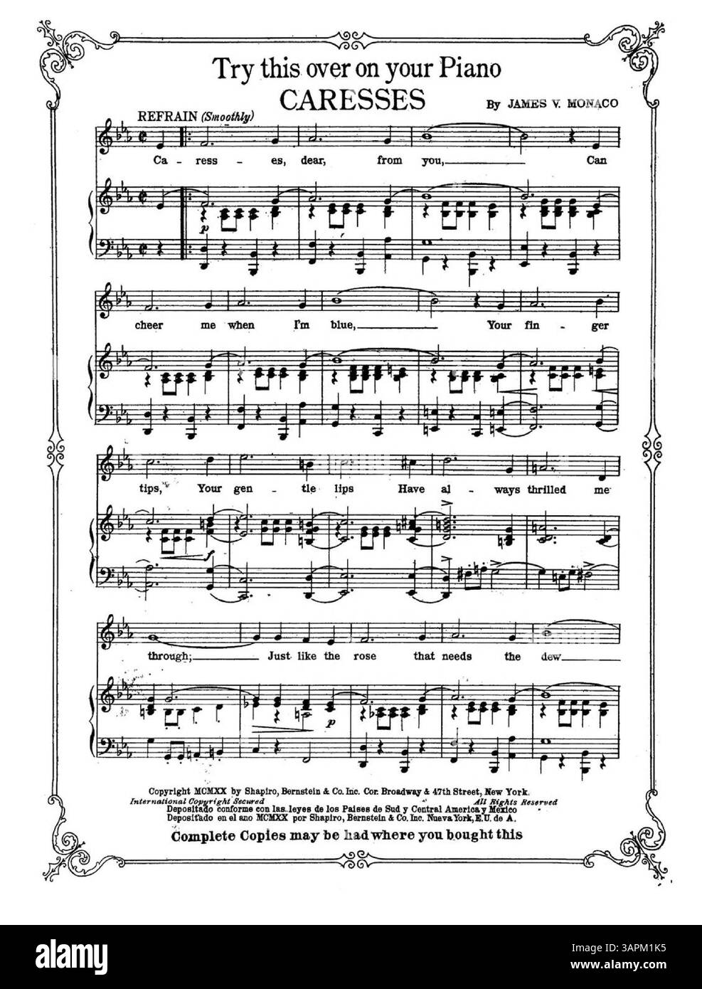 La reprise de Love Bird comprend un extrait musical de la chanson Caresses, encadrée par une bordure florale. La couverture arrière présente une publicité pour Broadway's musical Comedy Song and Dance Successes du Gem Dance Folio for 1921. Banque D'Images