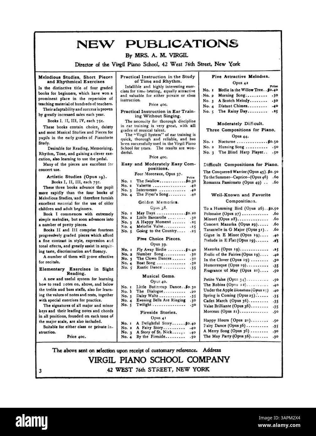 La composition 'Dance Caprice, Op. 58' de MRS A.M. Virgil fait partie de sa série de nouvelles compositions pour piano. La couverture arrière promeut l'école de piano Virgil et sa méthode d'enseignement, avec des différences potentielles de couleurs numériques. Banque D'Images