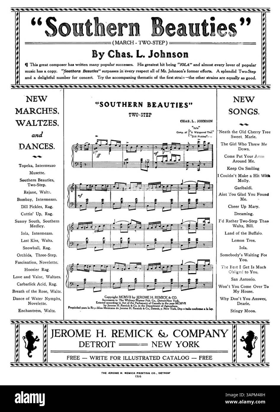 La couverture arrière de 'Feather Foot' comprend une publicité pour 'Southern Beauties' par Chas. L. Johnson, avec extraits musicaux et numéro de plaque 1326. Banque D'Images