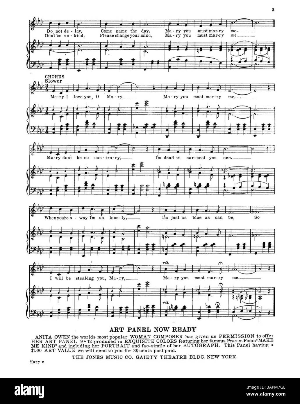 Mary You Must Marry me présente une publicité pour The Jones Music Co. sur sa couverture arrière, promouvant des chansons de danse, ainsi que des publicités imprimées pour une version phonographe et piano de la chanson et un panneau artistique d'Anita Owen. Banque D'Images