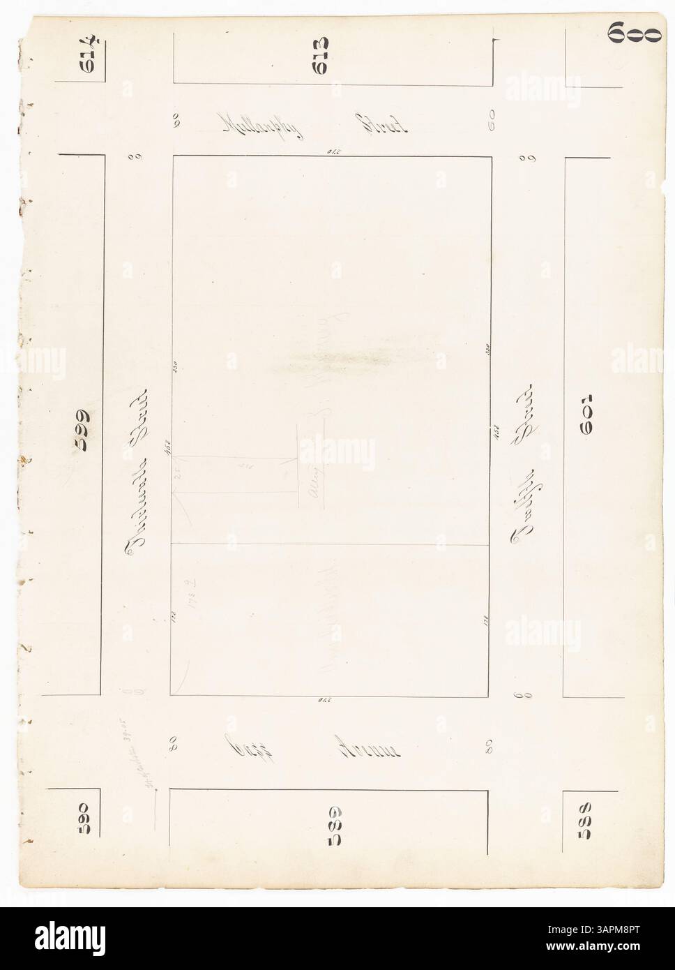 Ce relevé des blocs de la ville de produits Louis comprend les blocs 489-492 et 505-656, avec les propriétaires fonciers notés au crayon. La carte est dessinée à l'encre, et la feuille 583 contient un collage en haut. Banque D'Images