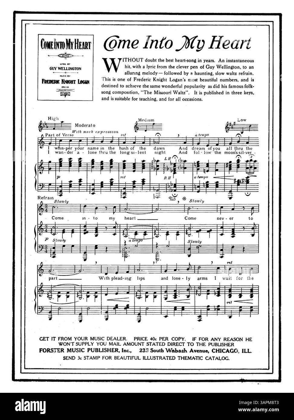 Cette partition contient 'Dear Little Mother o' mine' et des publicités pour d'autres chansons comme 'If I Know You and You Know me' et 'Little Home on the Hill'. La couverture arrière offre des extraits de 'Come into My Heart' et 'Sacrement'. L'image numérique peut ne pas correspondre à la couleur d'origine. Banque D'Images