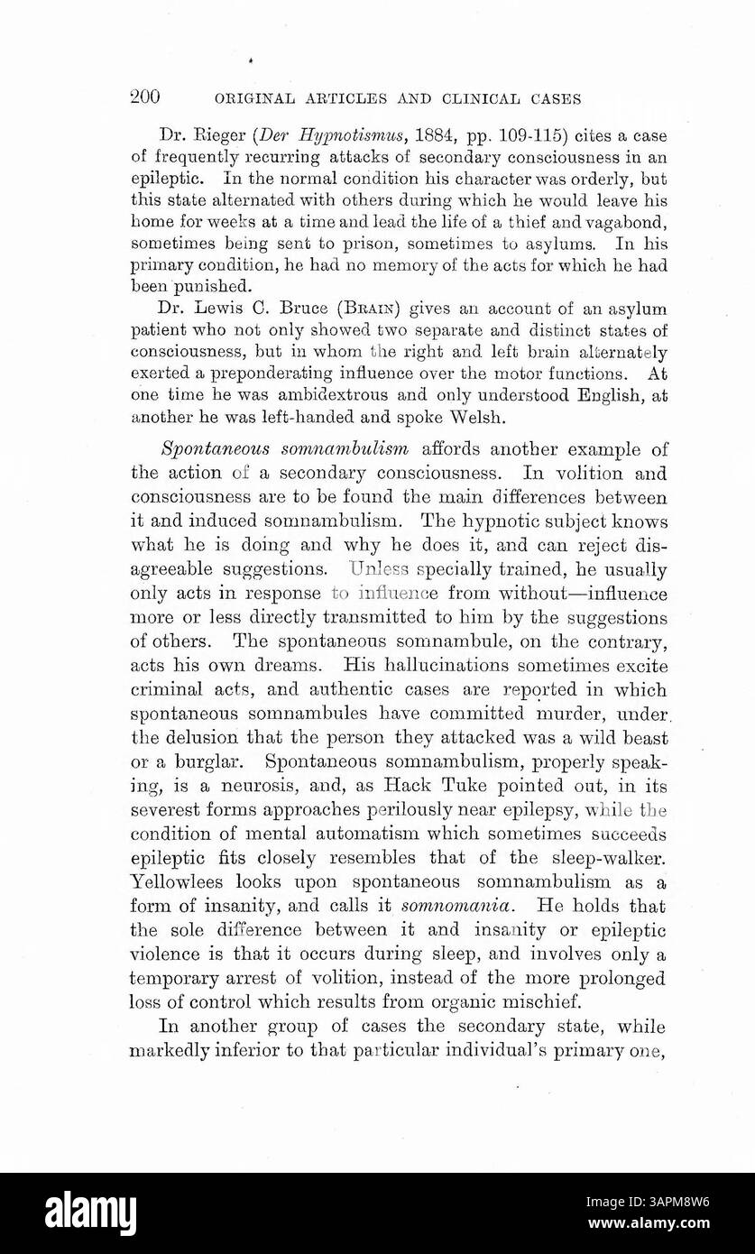 Les recherches de Dr Bramwell sur l'hypnotisme ont montré que les patients effectuaient des tâches à un moment prédéterminé sous hypnose, sans aucun souvenir par la suite, suggérant une conscience du temps inconscient. Banque D'Images