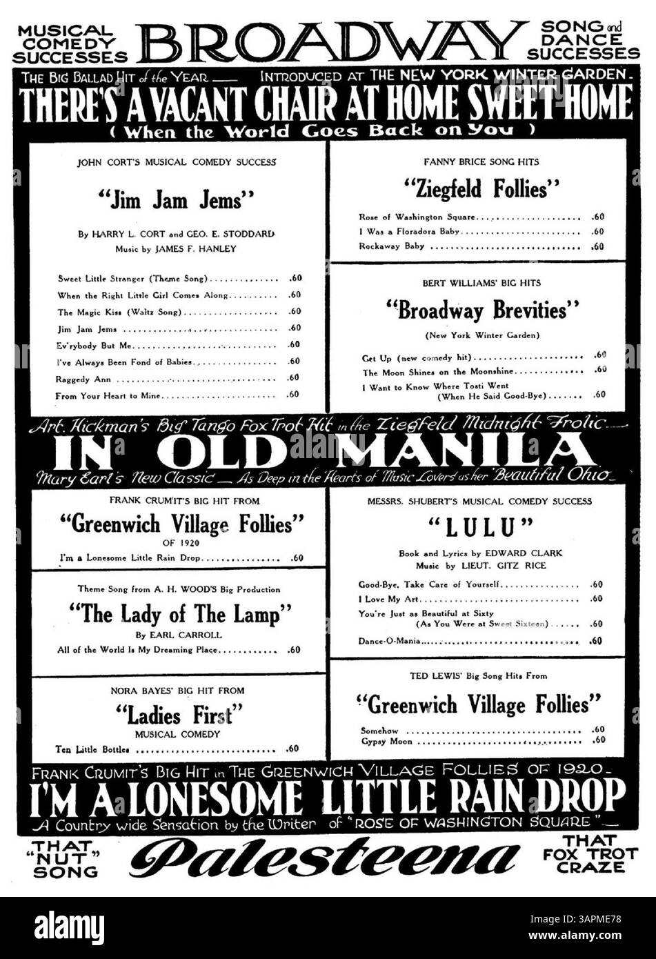 « In Old Manila », une chanson de Mary Earl, figure dans cette partition musicale. Il comprend une publicité pour des comédies musicales de Broadway et des spectacles de chanson et de danse, mettant en valeur la scène de divertissement dynamique de l'époque. Banque D'Images