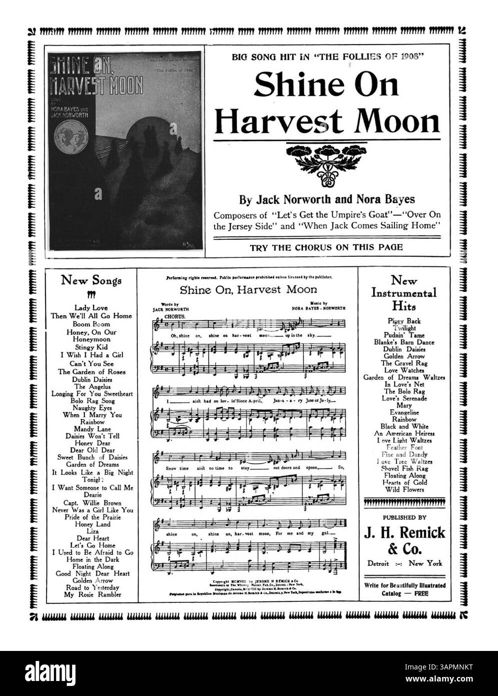 Cette partition comprend 'I Wish Someone Would Fall in Love with me' de Anita Owen. Il comporte une publicité pour Honey-Land de Henrietta Blanke-Belcher et d'autres chansons comme Golden Arrow de Williams et VanAlstyne. L'image numérique peut ne pas refléter fidèlement les couleurs d'origine. Banque D'Images