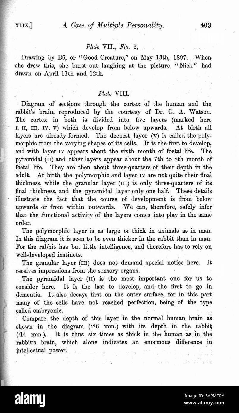 L’article fournit des détails sur le cas de Mary Barnes, qui a développé 10 personnalités distinctes après une maladie à l’âge de 12 ans en 1894. Parmi ceux-ci se trouvaient un sourd muet, une personnalité aveugle et une paralysée. Dr Wilson offre un aperçu des traits de chaque personnalité et de leurs périodes d’apparition, ainsi qu’un bref aperçu du système nerveux. Banque D'Images