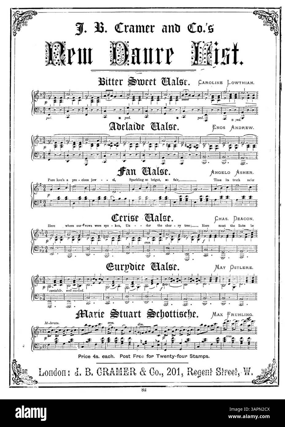 La partition de Myosotis Myosotis comprend la chanson The Reign of the Roses, une adaptation mélodique de valse. Des publicités pour des chansons telles que 'Marguerite Waltz', 'Swallows Waltz' et 'Vanity Fair Polka' sont présentées, et la couverture arrière contient des extraits musicaux et des publicités de J.B. Cramer et Co. Banque D'Images