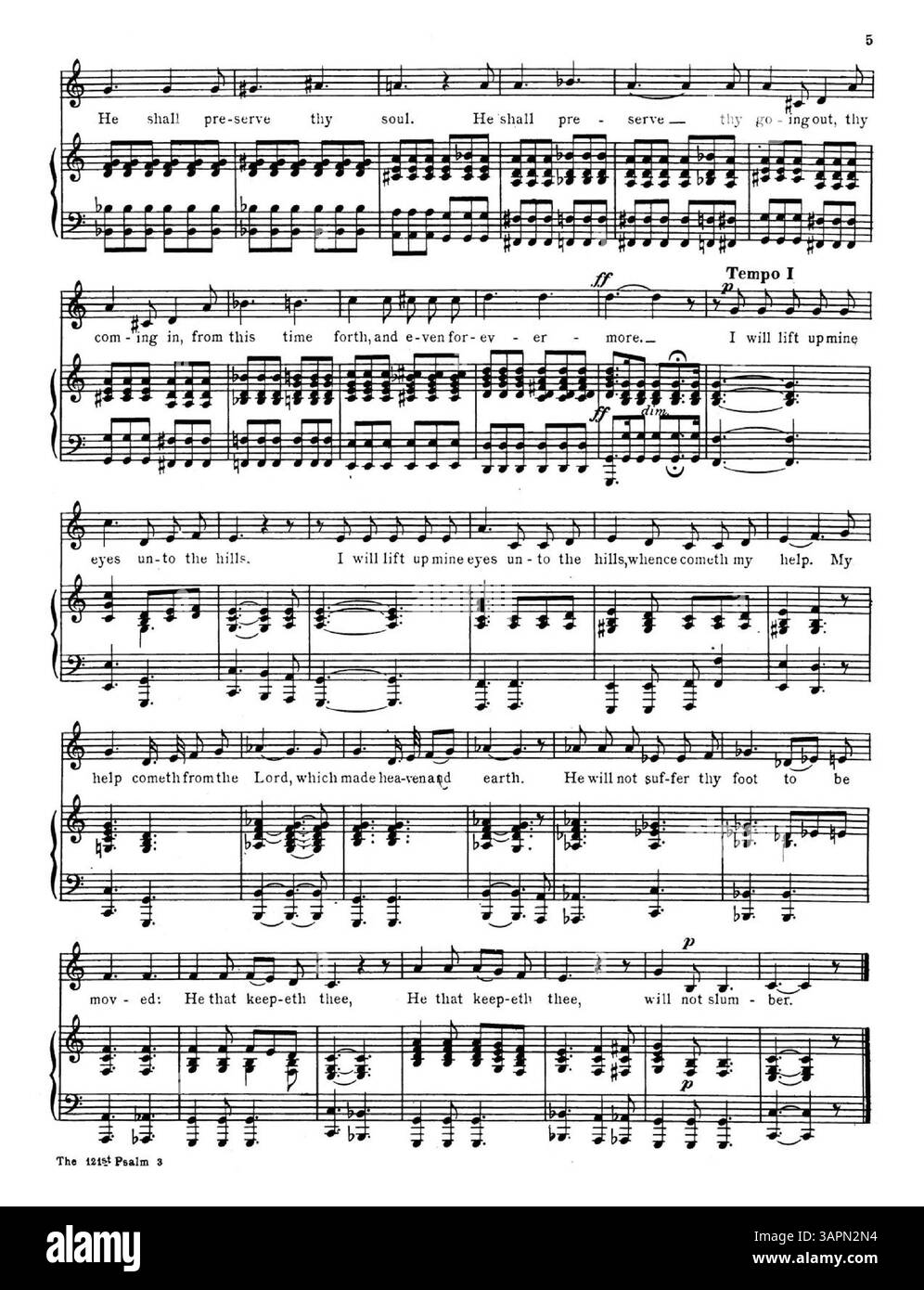 Cette pochette de partition présente le 121e Psaume, avec une pochette arrière qui énumère d'autres compositions sacrées de Sterling, y compris le 23e Psaume et le 100e Psaume. Ces œuvres font partie du genre de la musique chorale sacrée, reflétant les thèmes spirituels et les traditions religieuses du début du XXe siècle. Banque D'Images