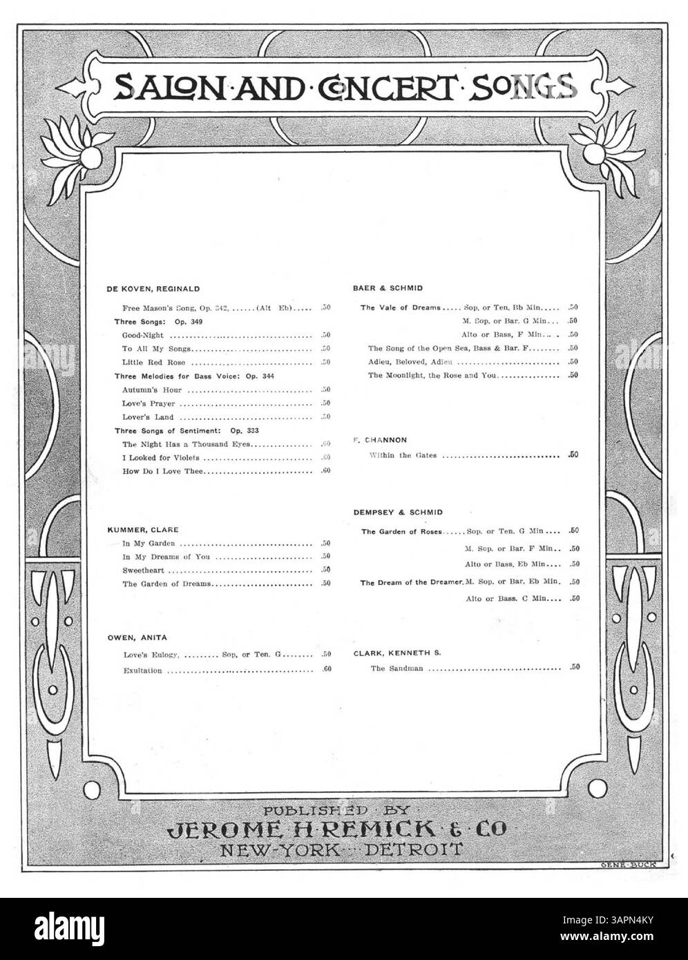 Cette pièce musicale présente un thème mélancolique de solitude. La couverture arrière comprend une publicité pour des chansons de salon et de concert, présentant un design Art Nouveau, un style caractérisé par des lignes fluides et des formes organiques. Banque D'Images