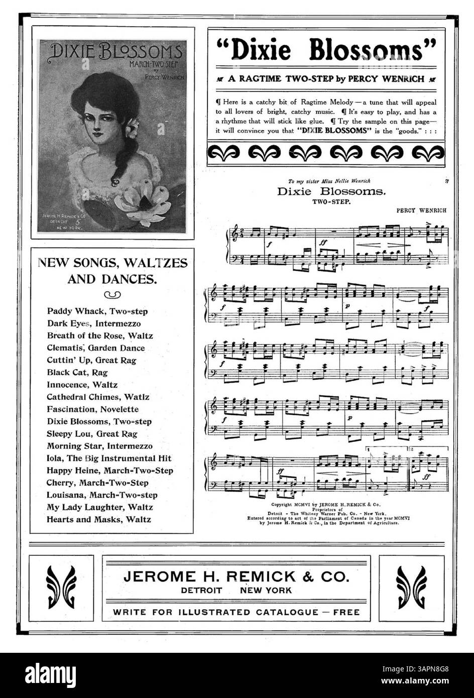 Cette partition comprend la chanson 'Stingy Moon' et des publicités pour 'New Songs, Waltzes, and Dances' de Jerome H. Remick & Co. Il contient des extraits musicaux de innocence, Dixie Blossoms et Paddy Whack. Les publicités donnent un aperçu des tendances musicales populaires du début du XXe siècle. Banque D'Images