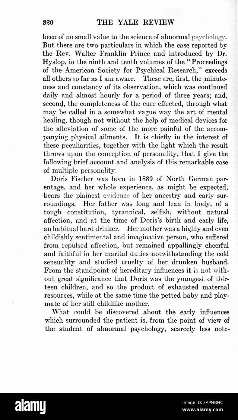 Le cas de Doris Fischer implique le développement de personnalités multiples, liées à l'abus d'alcool de son père et à la mort de sa mère. Les observations quasi-horaires du médecin sur trois ans révèlent les attributs physiques, les traits de personnalité et les comportements de chaque personnalité. Le processus de traitement est discuté, mettant en évidence la récupération des identités de Fischer. Banque D'Images