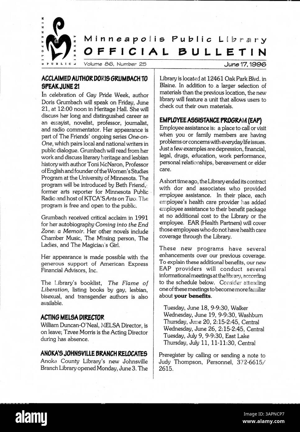 L'édition 1996 du Bulletin officiel de la Bibliothèque publique de Minneapolis comprend des renseignements essentiels pour les employés, tels que des mises à jour sur la programmation de la bibliothèque, des changements dans les procédures de la bibliothèque et des communications avec le personnel pour la semaine. Banque D'Images