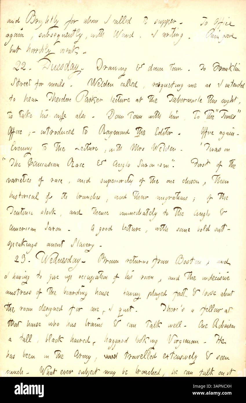 Une entrée tirée des journaux de Thomas Butler Gunn, volume 5, page 160, datée du 21 au 23 février 1853. Gunn détaille ses difficultés pour trouver une chambre à la pension d'Alfred Waud et sa visite au bureau. Il mentionne avoir rencontré Henry J. Raymond, rédacteur en chef du Times, et assisté à une conférence sur la race caucasienne et l'anglo-saxonisme avec MRS Welden. Banque D'Images